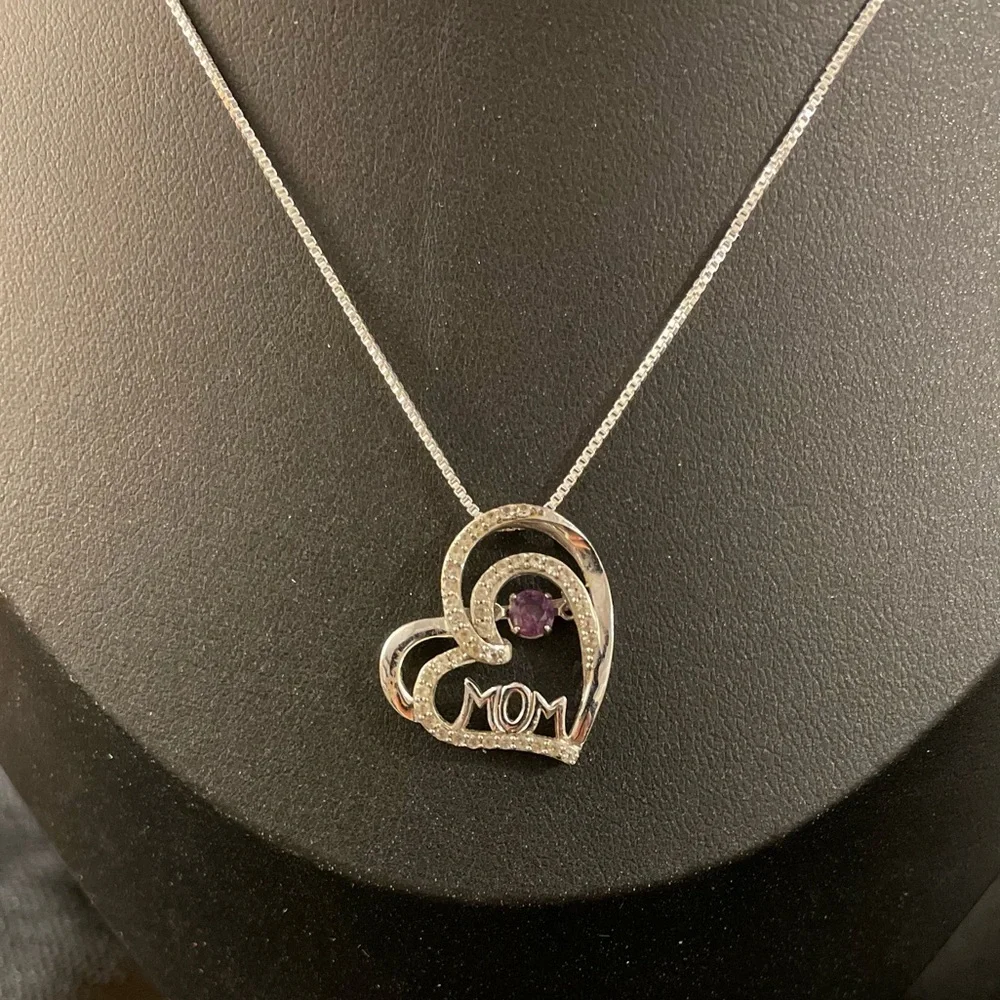 Heart Shaped Mom Necklace Amethyst White Topaz Pendant